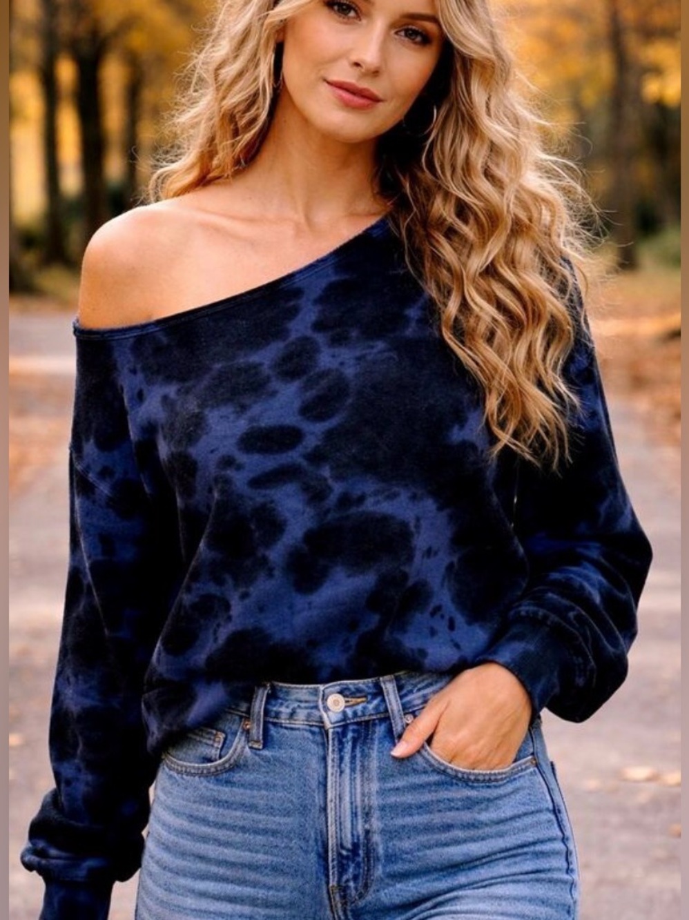 526 Off-Shoulder Navy Tie-Dye Sweatshirt - Size Medium NWT